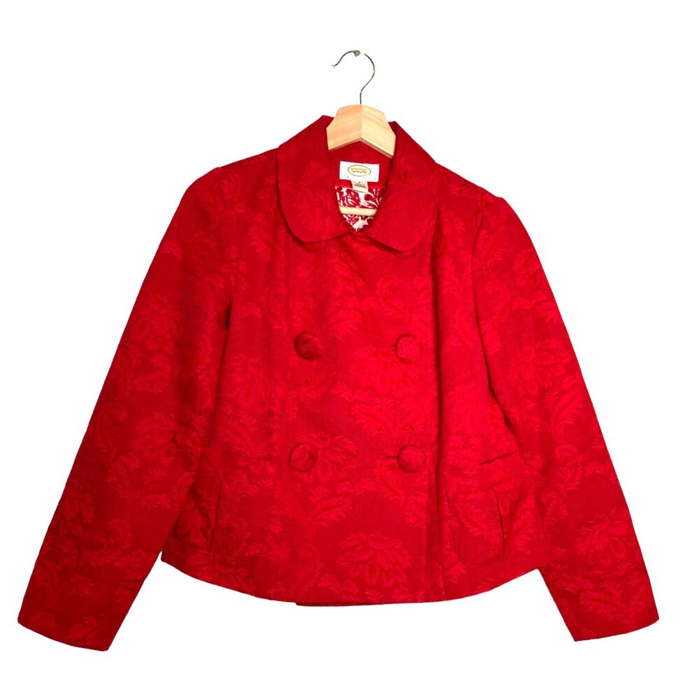Talbots Red Leaf Pattern Petite Brocade Double Breast Blazer Size Petite